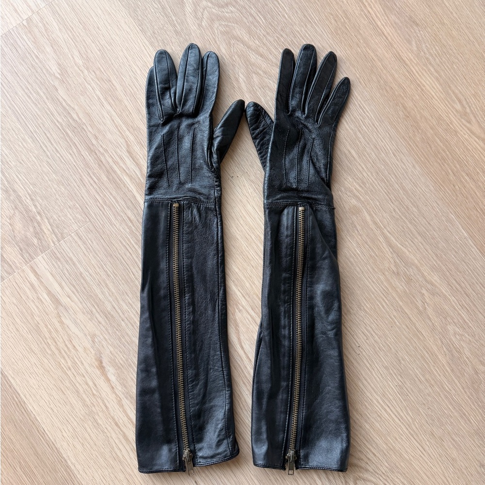 Long Black Leather Zipper Full Arm Length Gloves 100% Genuine Leather XS/S